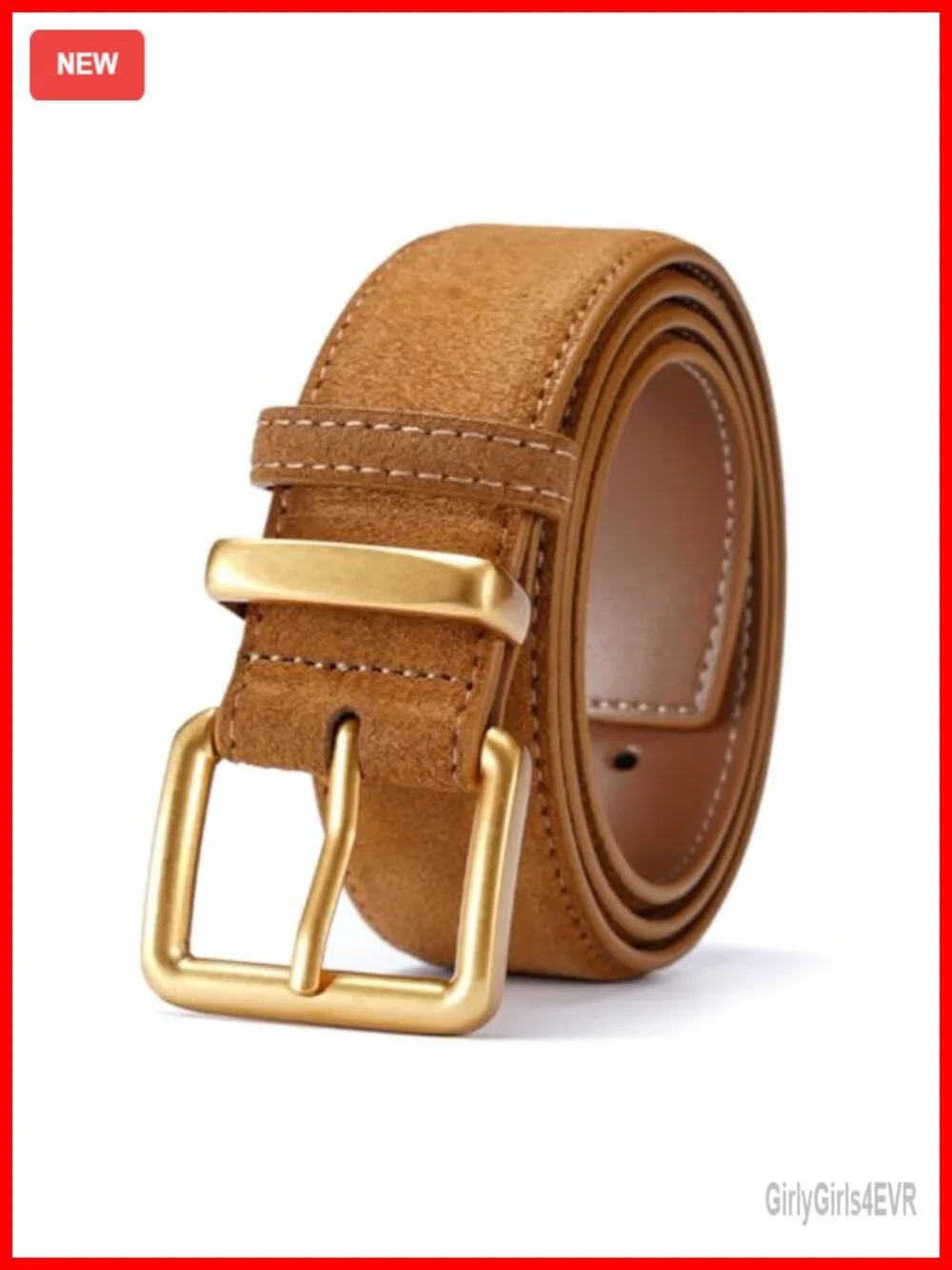 Wide Suede Leather Belt Square Gold Buckle 1.3